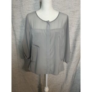 DKNY Jeans Gray Lightweight Button Up Blouse Sheer Panel  Large